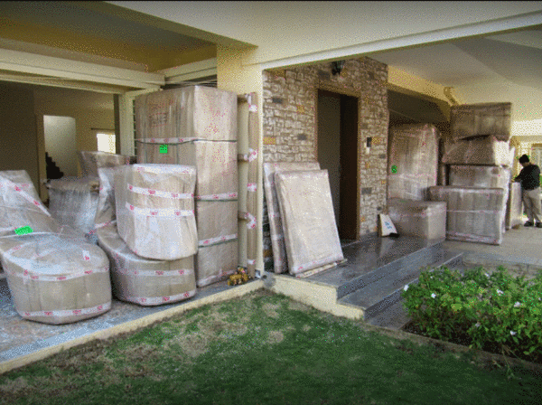 Apartment goods packed and staged outside home